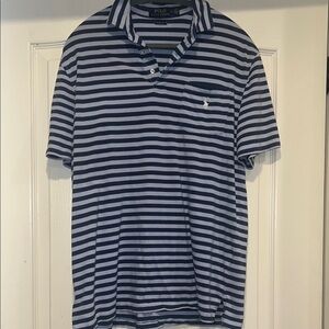 Men’s 90s Style Baby Blue & Navy Striped Cotton Polo Shirt